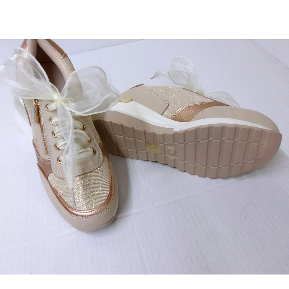 Beige Rose Gold Glitter Wedge Sneakers Ribbon‎ Laces Platform Shoes /#26709